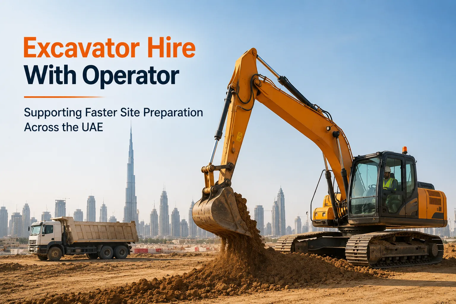Excavator Hire With Operator for UAE Construction and Site Preparation Excavator hire with operator preparing a construction site in the UAE