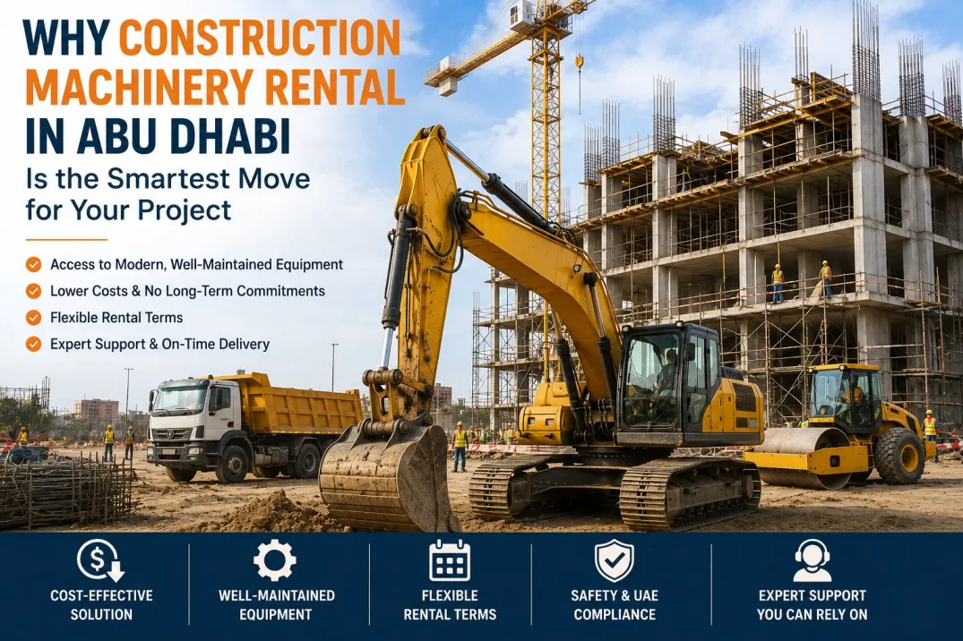 Construction Machinery Rental Abu Dhabi for Active Building Construction Projects Construction machinery rental Abu Dhabi with excavator, roller, dump truck, and active commercial building construction site