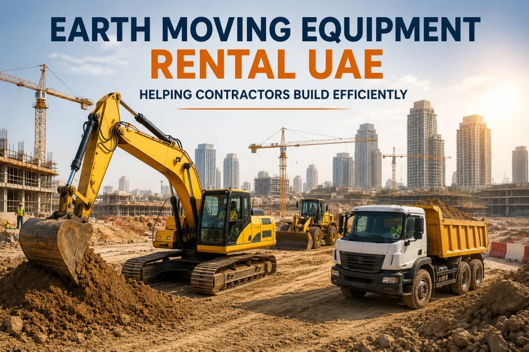 Earth moving equipment rental UAE machinery working on a large construction site