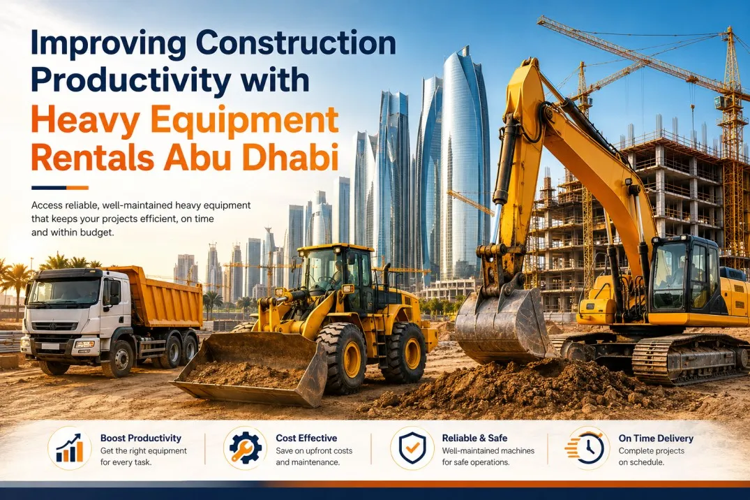 Heavy construction equipment including an excavator, wheel loader, and dump truck operating on a major construction site in Abu Dhabi