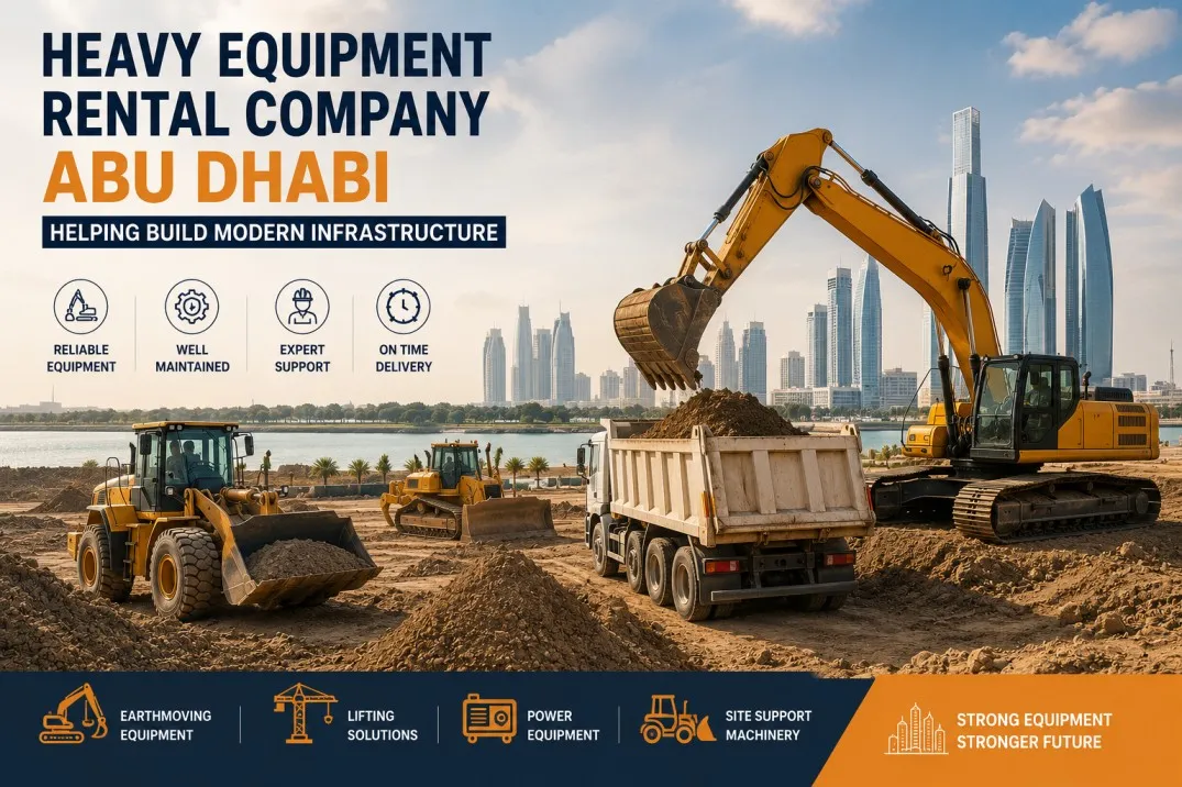 Heavy equipment rental company Abu Dhabi providing excavators, wheel loaders, cranes, and construction machinery for modern infrastructure projects
