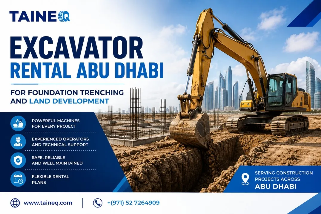Excavator Rental Abu Dhabi for Reliable Earthmoving Projects Modern excavator rental Abu Dhabi working on a commercial construction project