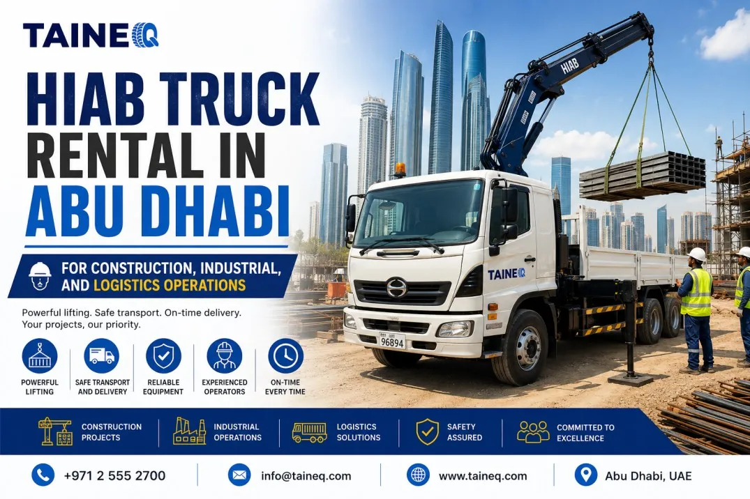 HIAB Truck Rental in Abu Dhabi for Construction Industrial and Logistics Operations HIAB truck rental in Abu Dhabi providing heavy lifting and transportation services for construction industrial and logistics projects