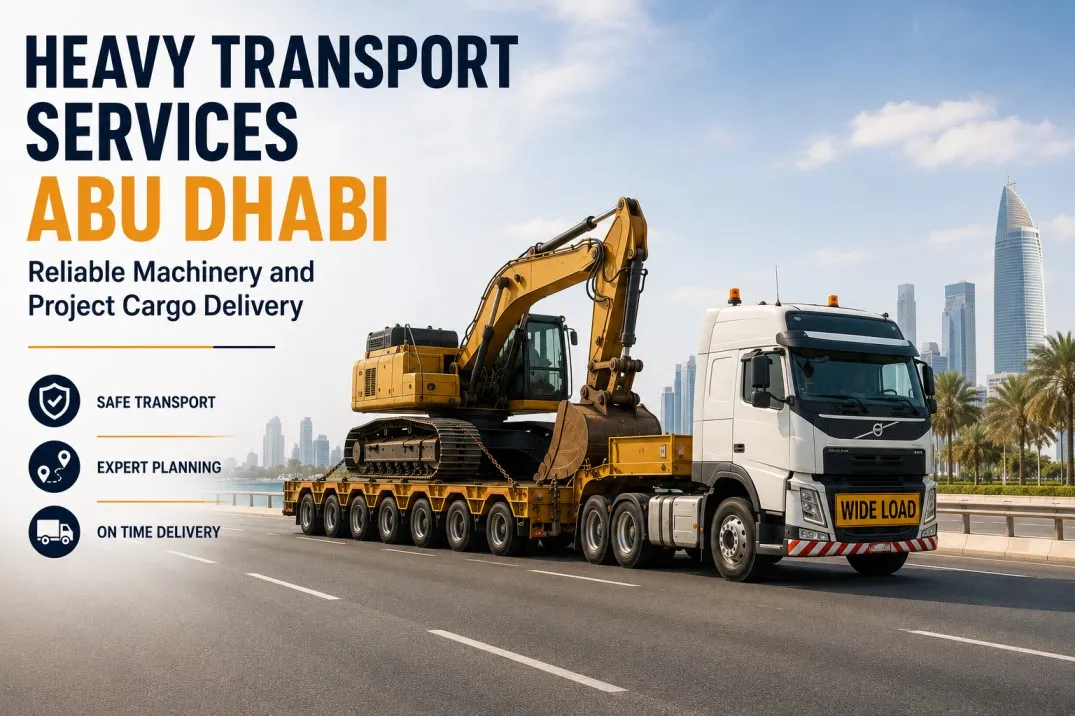 Heavy Transport Services Abu Dhabi for Safe Industrial Transport Heavy transport services Abu Dhabi moving construction equipment safely across an industrial project site