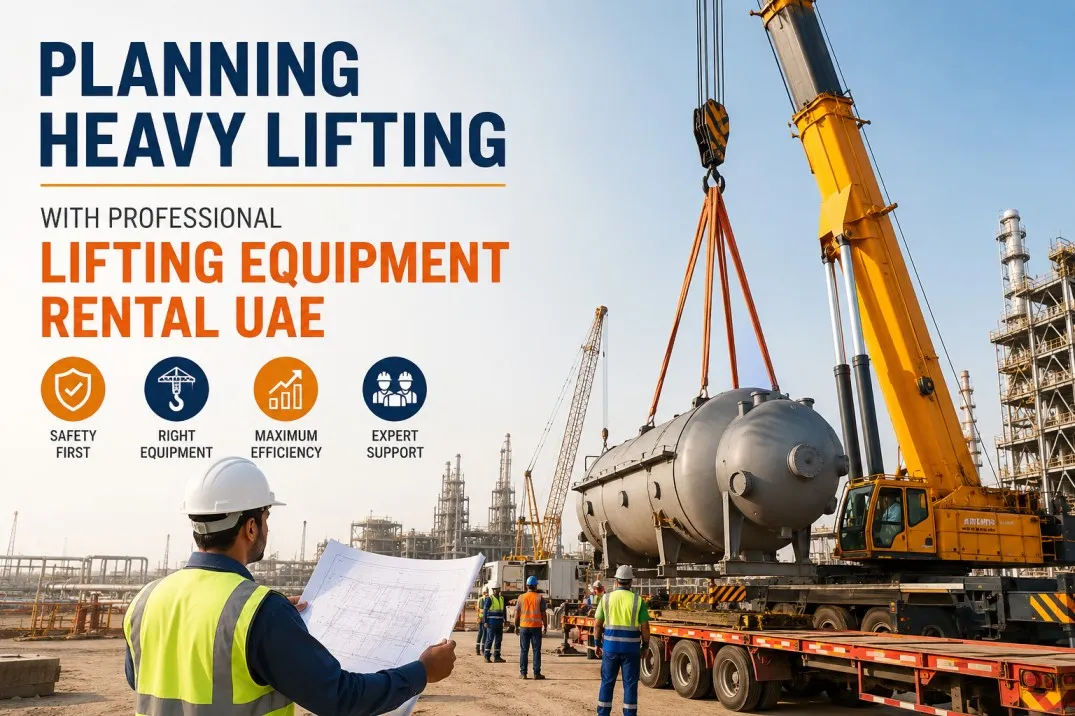 Planning Heavy Lifting with Professional Lifting Equipment Rental UAE Professional lifting equipment rental UAE supporting heavy industrial lifting with a mobile crane and skilled engineers at a construction site.