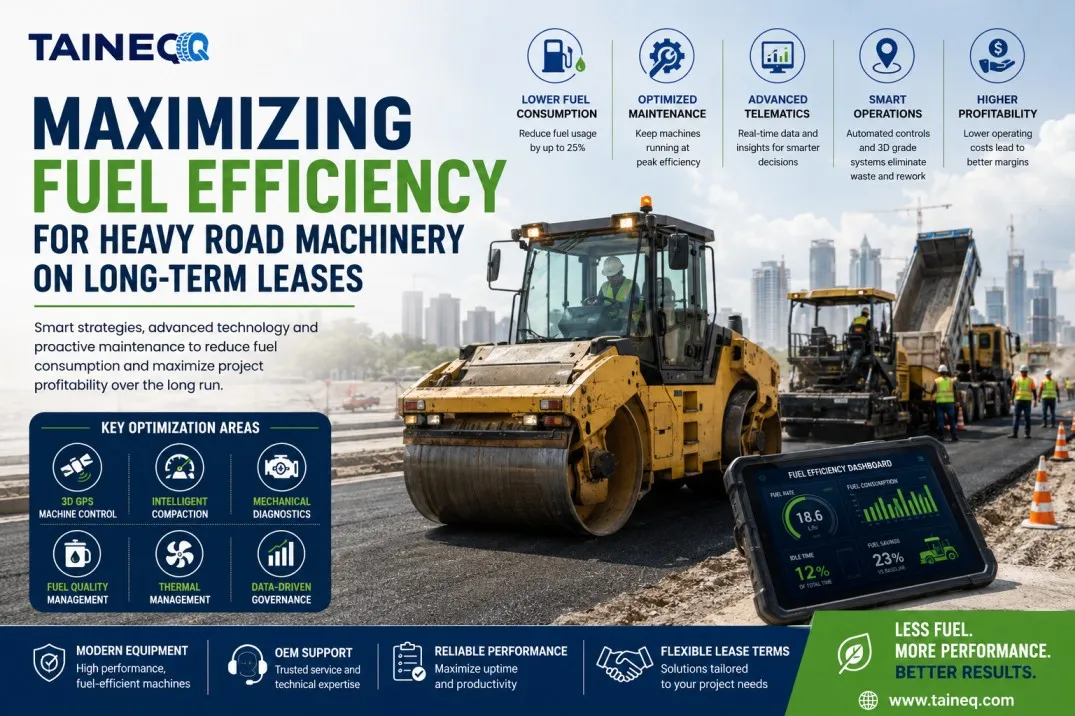 Road Construction Equipment Rental for Fuel Efficient Highway Projects Heavy road roller and paving equipment operating on a highway project showcasing road construction equipment rental solutions with advanced fuel efficiency technology and telematics.