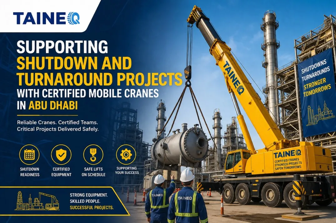 Best Certified Mobile Crane Rental Abu Dhabi for Shutdown and Turnaround Projects Best certified mobile Crane rental Abu Dhabi supporting a refinery shutdown project with a certified mobile crane lifting heavy industrial equipment safely.