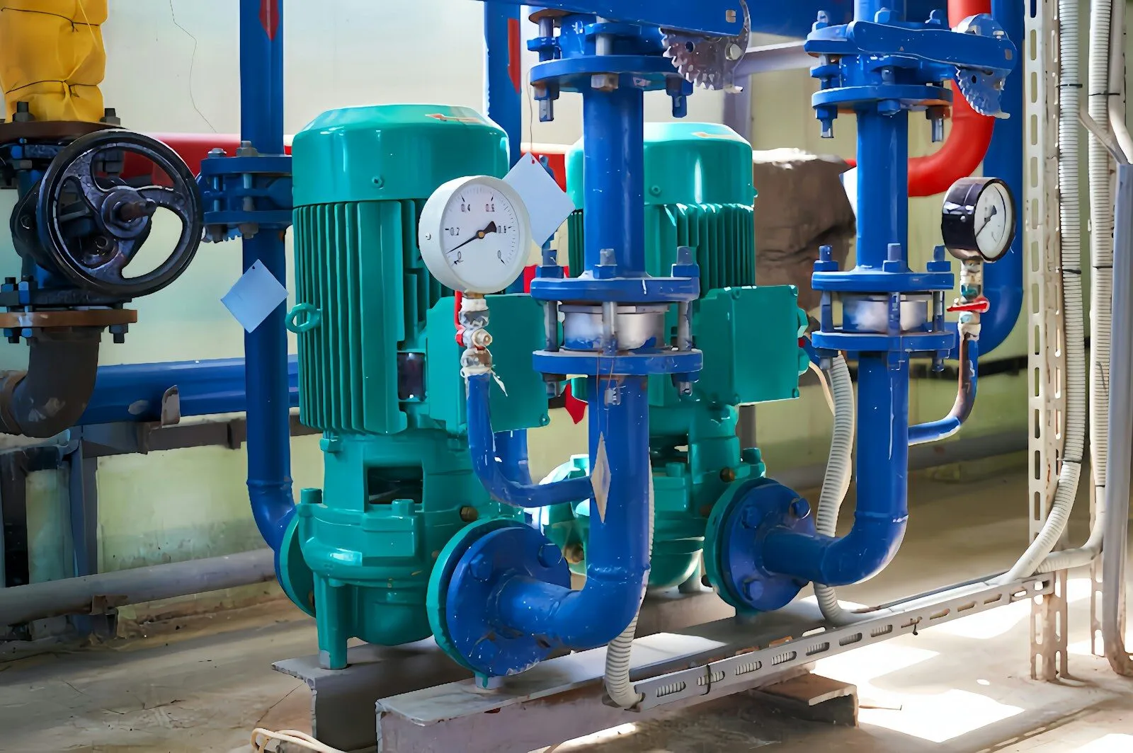 a group of pipes and valves in a room