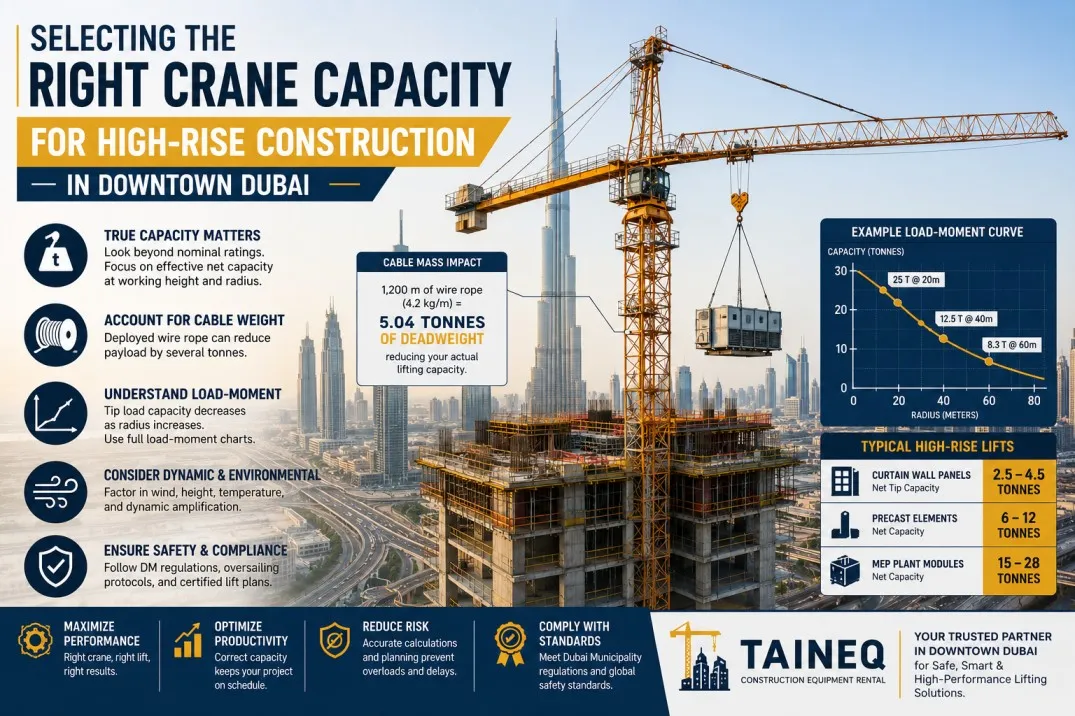 Construction Equipment Rental Dubai for High Rise Crane Capacity Selection Construction equipment rental Dubai tower crane lifting heavy building materials during high-rise construction in Downtown Dubai with the Burj Khalifa skyline in the background.