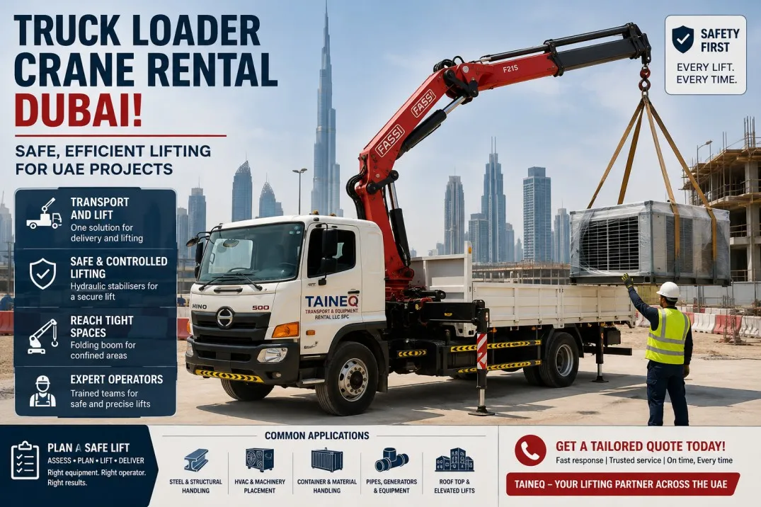 Truck Loader Crane Rental Dubai for Safe and Efficient Lifting Across UAE Projects Truck loader crane rental Dubai lifting industrial HVAC equipment at a UAE construction site with a truck mounted hydraulic crane for safe material handling.