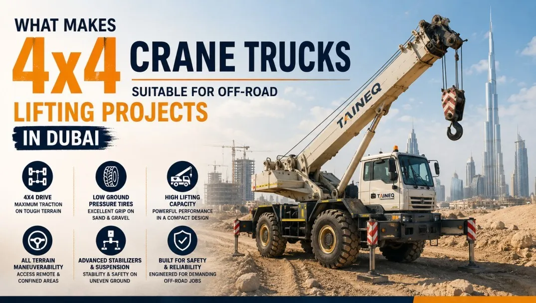 4×4 Crane Truck Rental in Dubai for Off Road Lifting Projects Image Alt Text: 4x4 crane truck rental in Dubai for off road lifting projects on challenging construction terrain