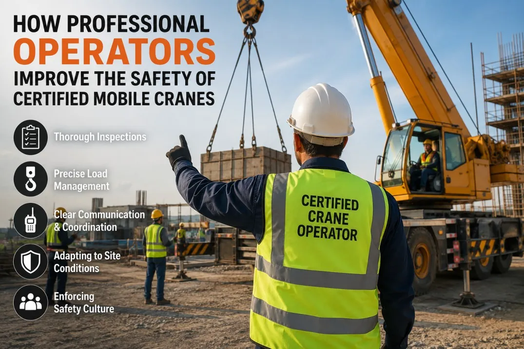 Professional crane operator managing a lift with certified mobile cranes rental Abu Dhabi at a construction site.