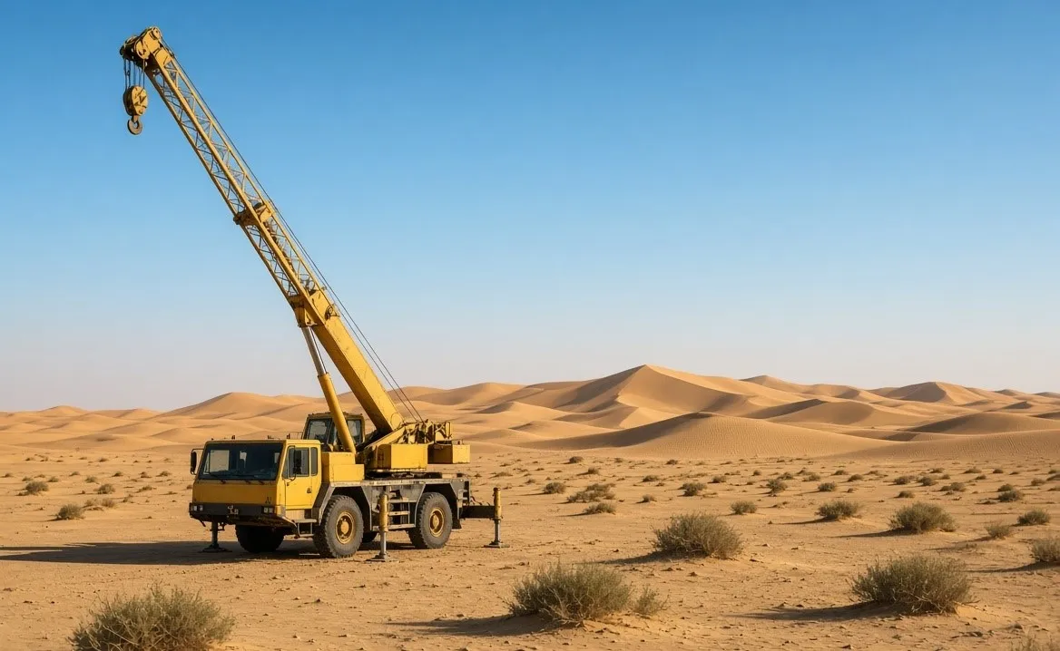 Crane Rental in Abu Dhabi Mobile Crane in Desert Landscape Crane rental in Abu Dhabi – yellow mobile crane standing in natural desert dunes