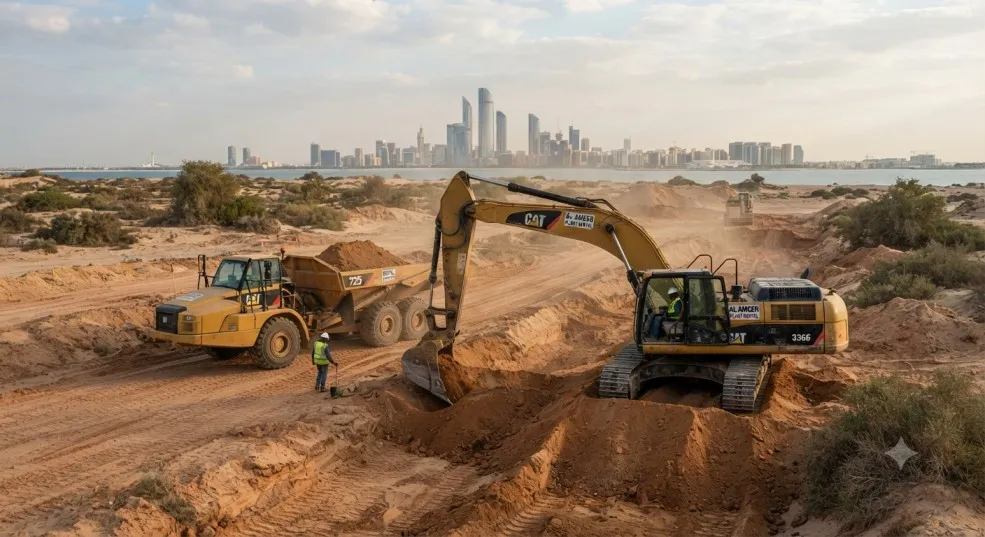 Heavy Equipment Rental for Earthmoving Projects in Abu Dhabi A large crawler excavator and articulated dump truck operating on a sandy earthmoving project site in Abu Dhabi with the city skyline visible in the distance.