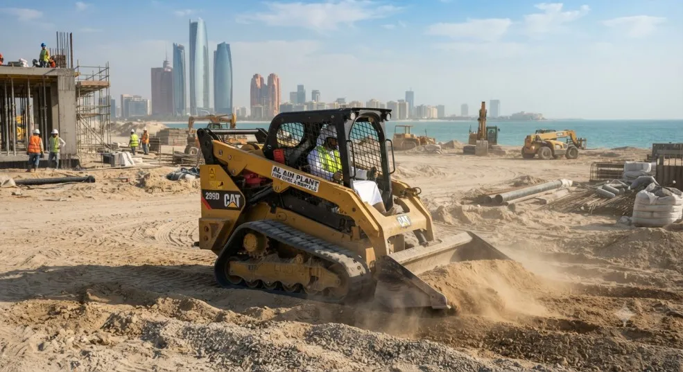 A tracked skid steer loader operating on a sandy construction site with the Abu Dhabi skyline in the background