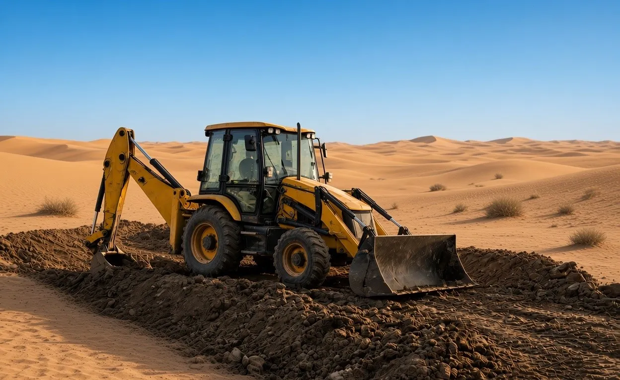 JCB Backhoe Rental in Abu Dhabi Desert Excavation Site JCB backhoe rental in Abu Dhabi – yellow backhoe loader on excavated sand in natural desert dunes Image Title: